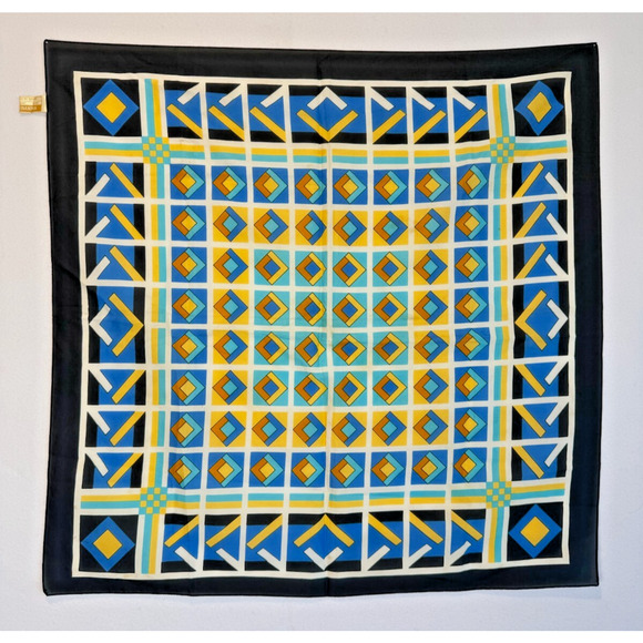 Vintage Scarf Geometric Blue Yellow Black Blue 26.5" x 26.5" Made in Italy - Picture 1 of 6